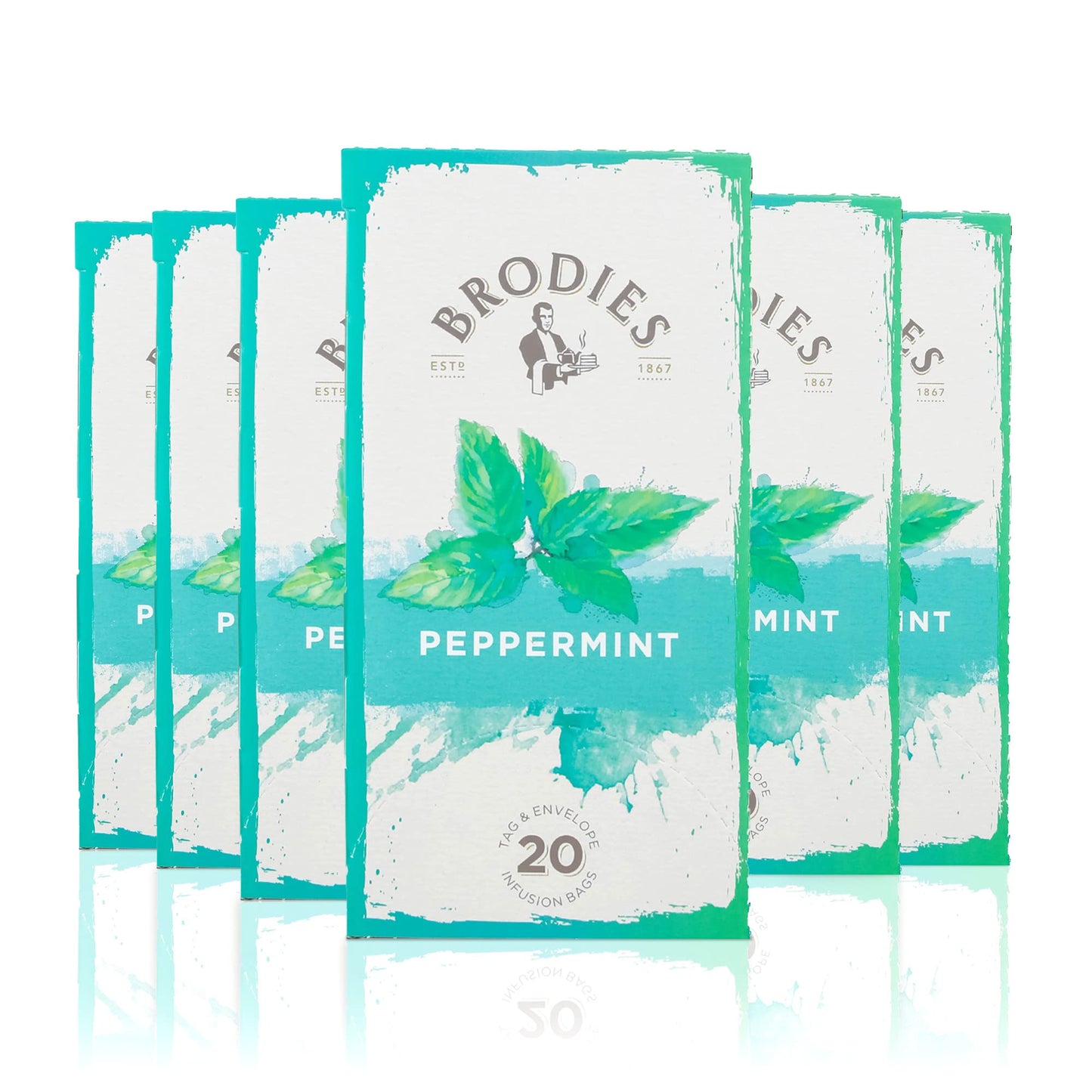 Brodies Peppermint Tag and Envelope - 6 Tea Boxes of 20 Tea Bags each (Total 120 Tea Bags) - Infusion of refreshing and stimulating bright green cut