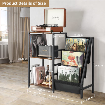 Bikoney Record Player Stand, End Table with 3-Tier Vinyl Record Storage, Record Player Table Up to 200 Albums, Turntable Stand for Vinyl Records,