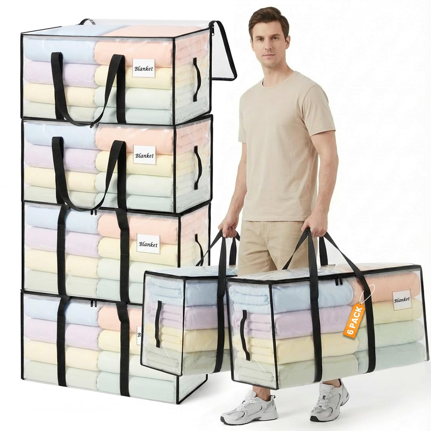 RICHER HOUSE 90L Heavy Duty Moving Boxes, Clothes Storage Bag, 6 Pack,Clear
