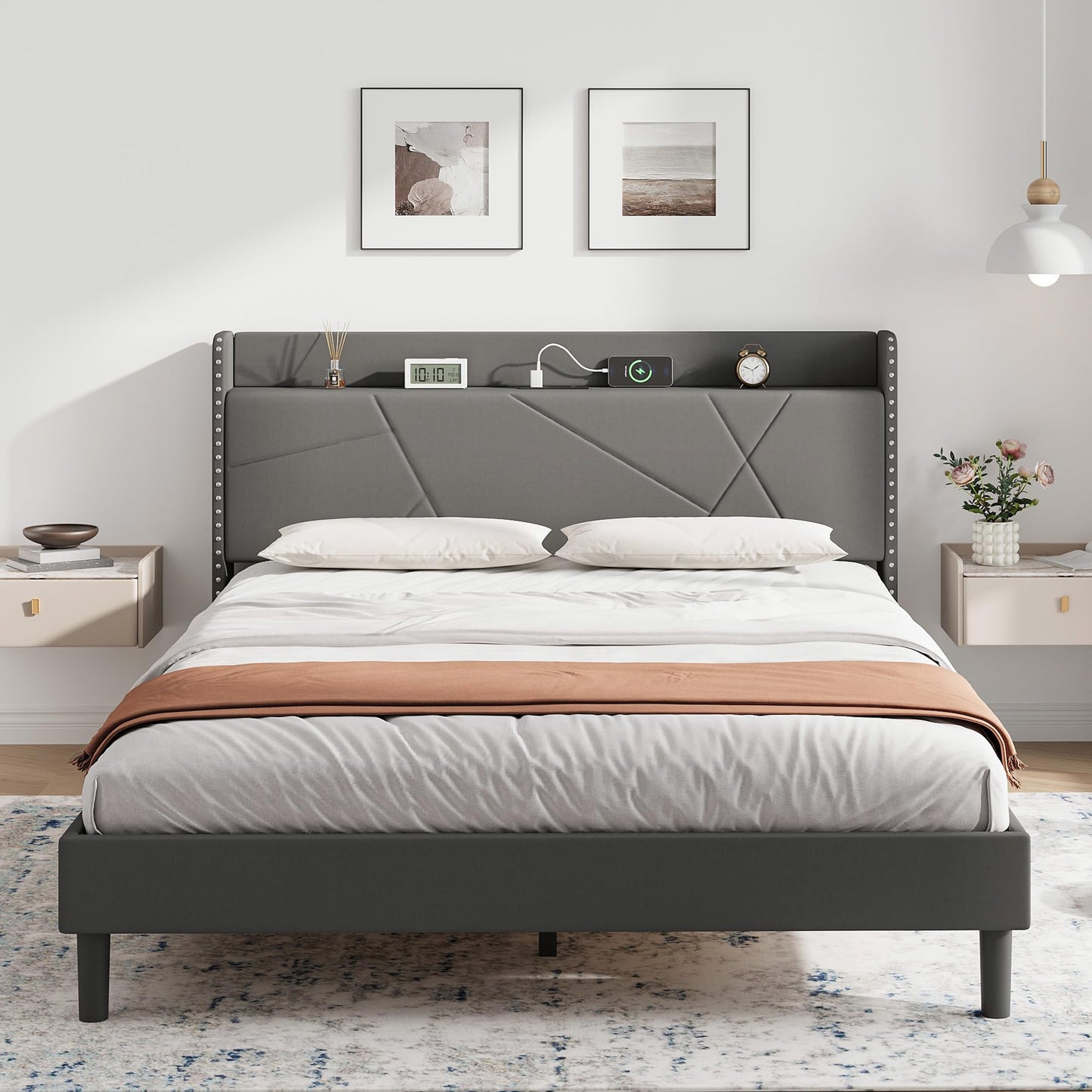 IRONCK 5ft King Size Bed Frame with Charging Station, Bed Frame King with Upholstered Storage Headboard, Sturdy Wooden Slat Support