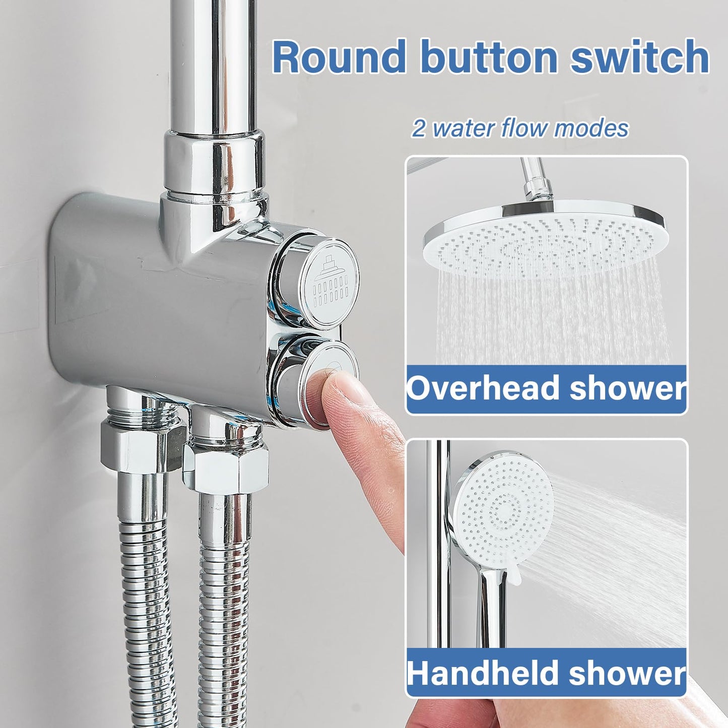 Shower Riser Rail Kit Chrome 10" Round Rainfall Shower Head and 3 Jet Types Handheld Shower Height Adjustable Shower Set Without Mixer Tap Brass