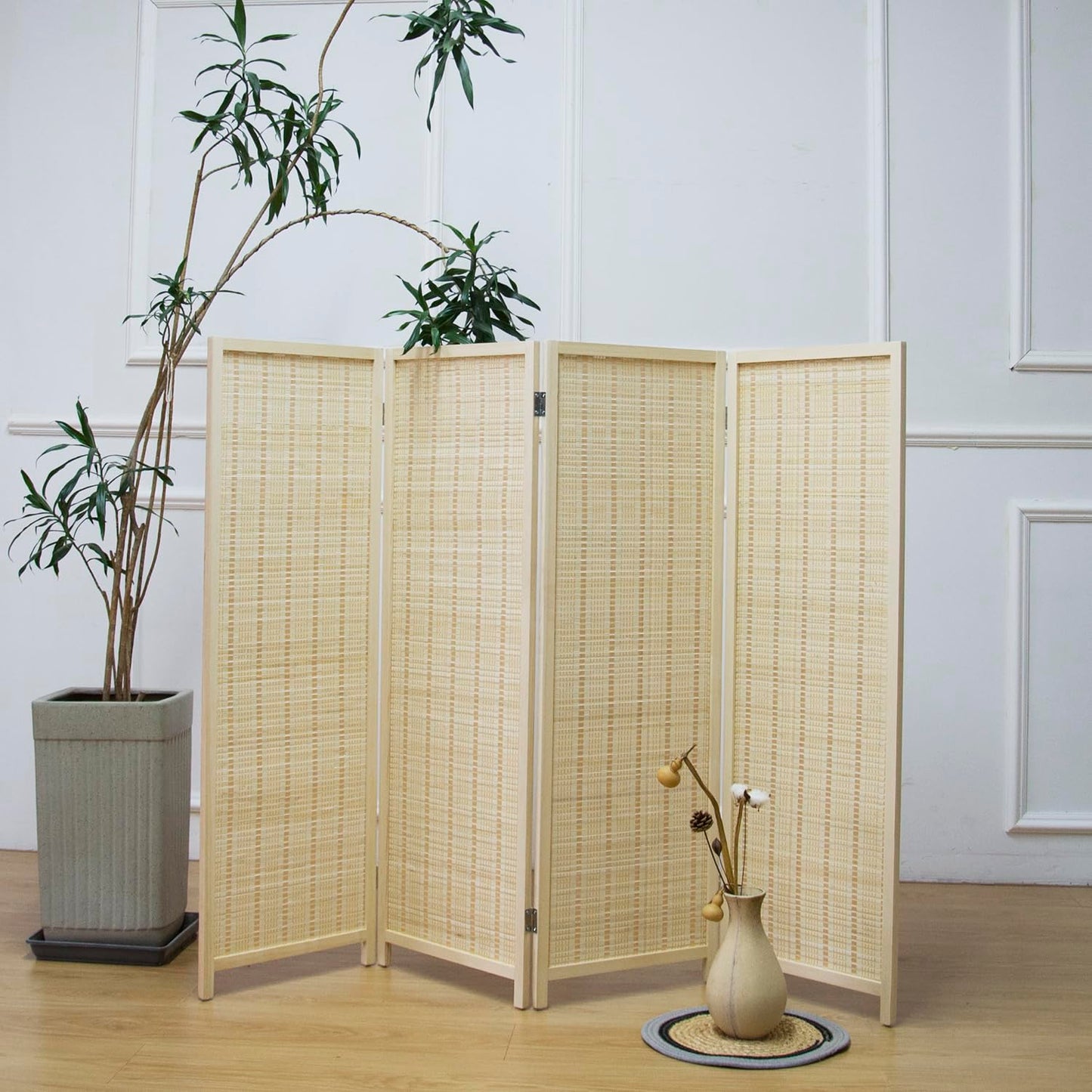 Furnnylane 4 Panel Bamboo Room Divider Short Folding Screen Divider,Double Sided Bamboo Divider Screen for Room Separation,Beige,120 cm H x 156 cm W