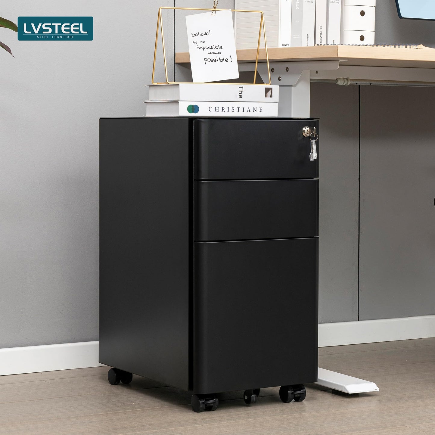 LVSTEEL Lockable 3-Drawer Metal Filing Cabinet on Wheels, Fully Assembled Mobile Office Storage for A4/Letter/Legal