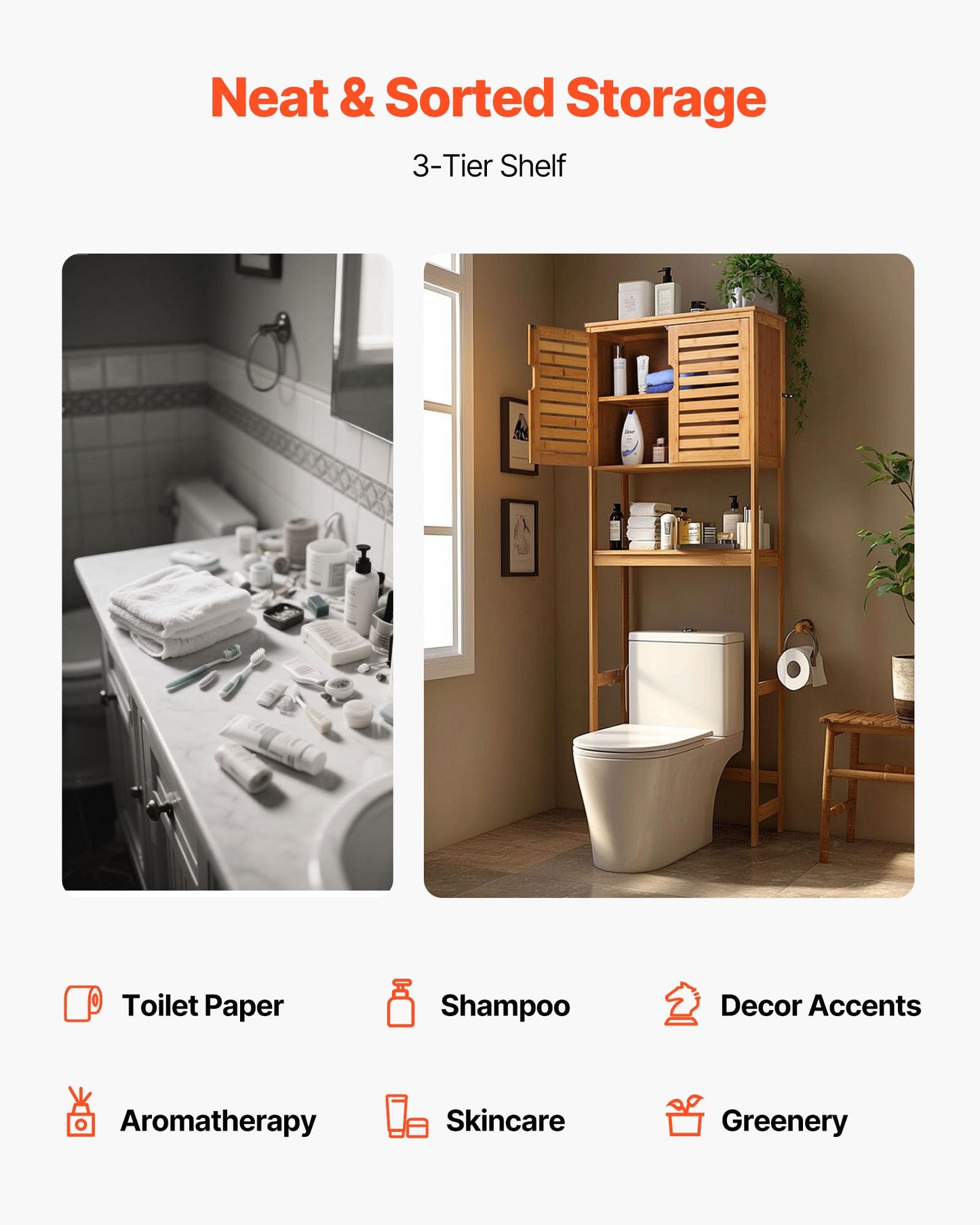 VEVOR Bamboo Over The Toilet Storage Cabinet, 68.9 in Height Bathroom Storage Organizer with Double Door & Inner Adjustable Shelf
