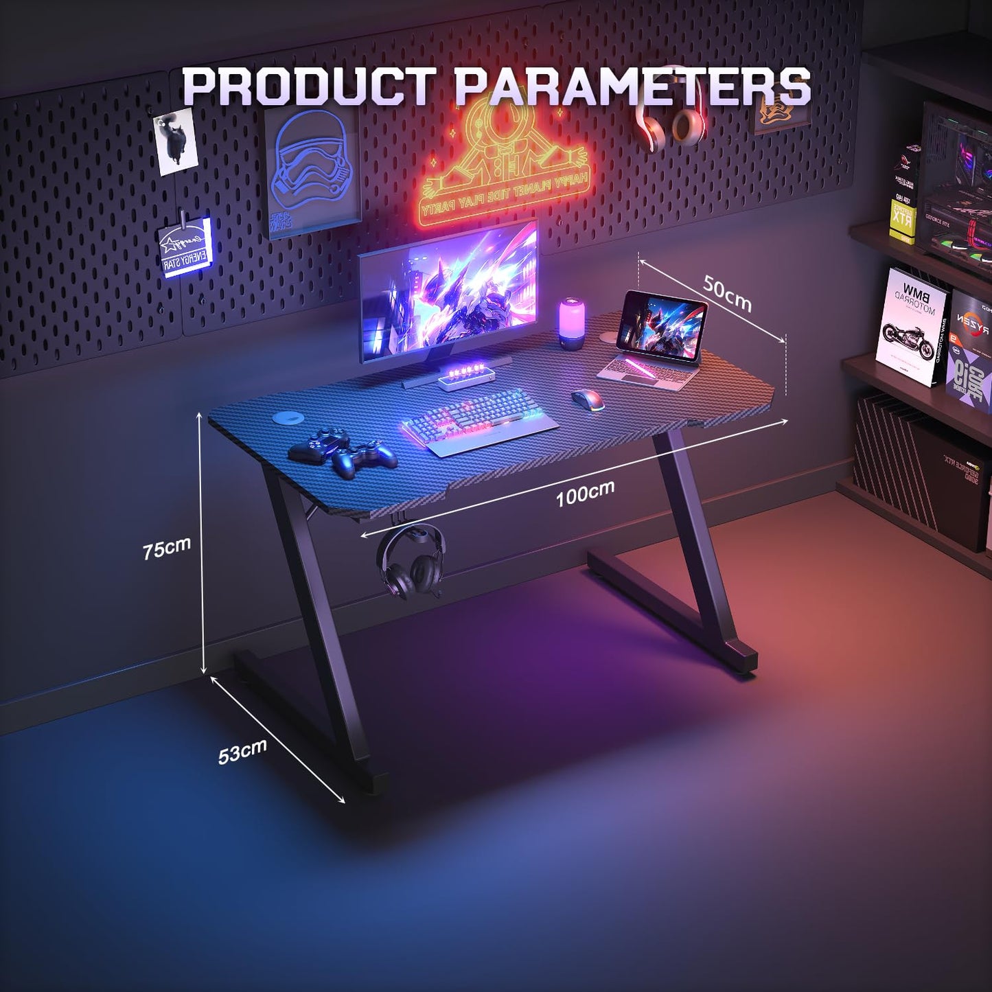 JUMMICO Gaming Desk 100 x 50 cm, Z Shaped Gaming Table Computer Desk PC Gamer Desk for Home Office, Gaming Desk with Headphone Hook, Black