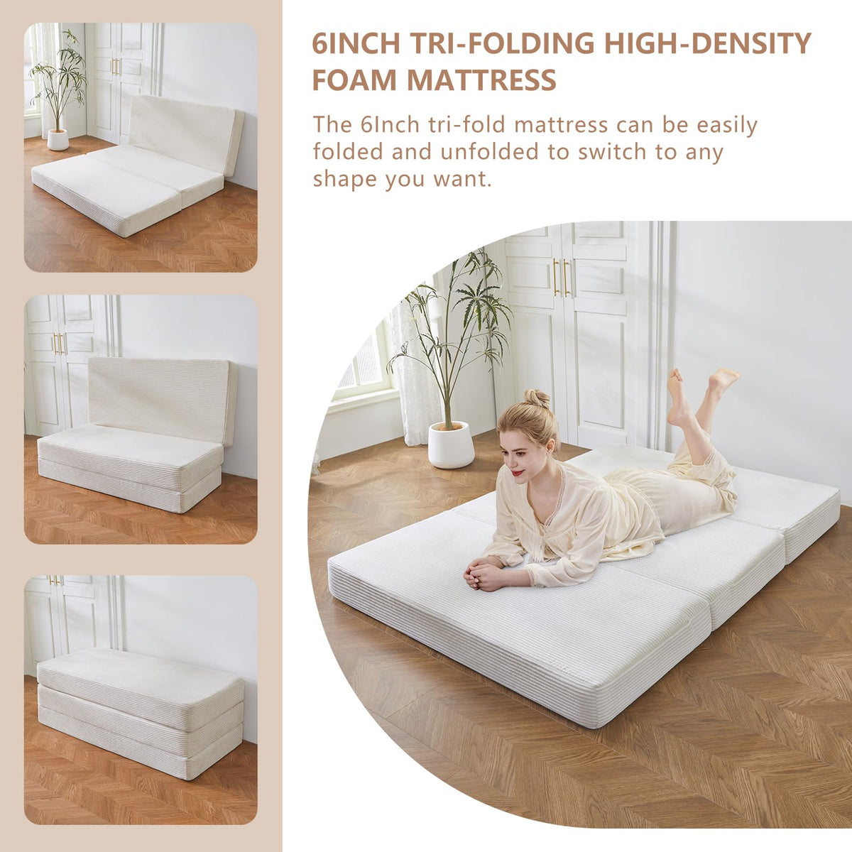 MAXYOYO Folding Corduroy Mattress, Tri Fold Floor Mattress 10cm thick with Washable Cover,Foldable in Three,Space-Saving for Guest Beige, Single