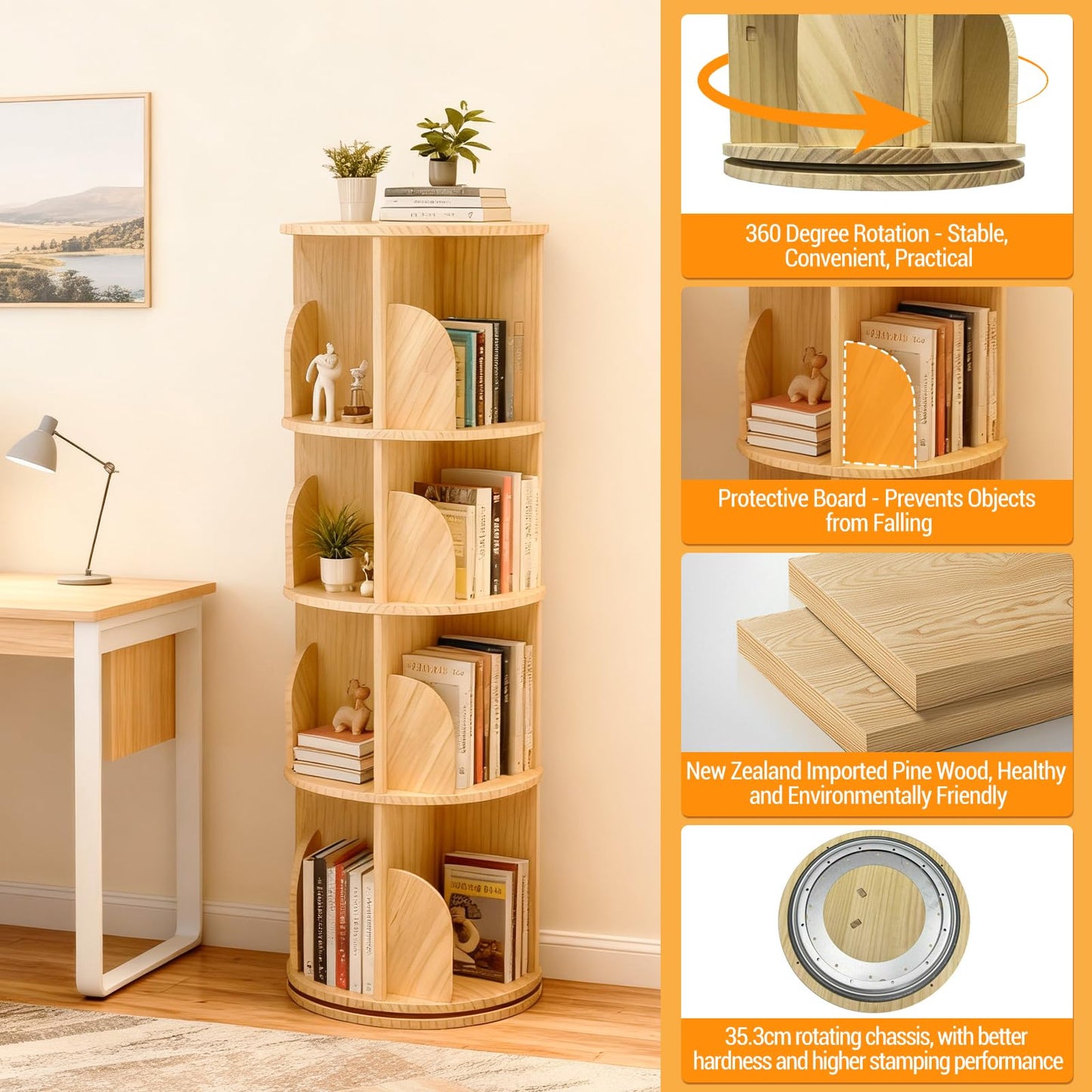 Lidzopas 360° Rotating Bookcase, Solid Wood Standing Shelf, Floor Standing Bookcase, Multifunctional Bookcase, Storage Shelf for Children, Adults