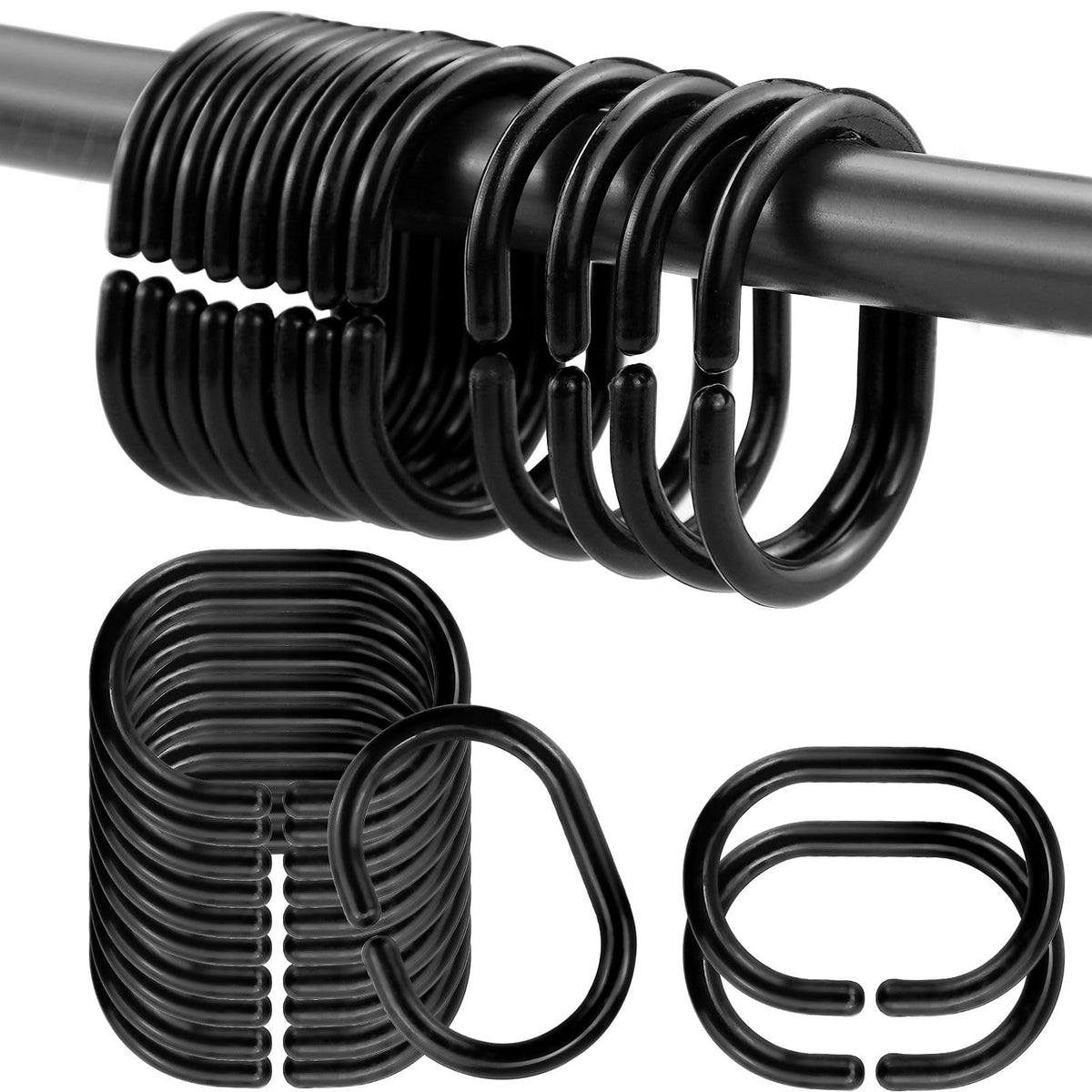 MAOQYE 24 Packs Shower Curtain Rings, Black Shower Curtain Hooks Plastic C-Shaped Bath Drape Loop Rail Rings for Bathroom Shower Window Rod