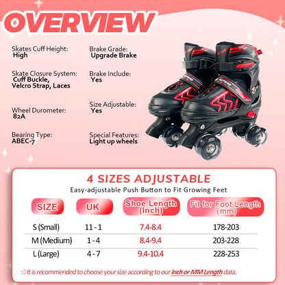 Kids Roller Skates for Boys Girls Children Beginners, 4 Sizes Adjustable Roller Skates for Child Toddler Ages 4-6-12 with 8 Light up Wheels