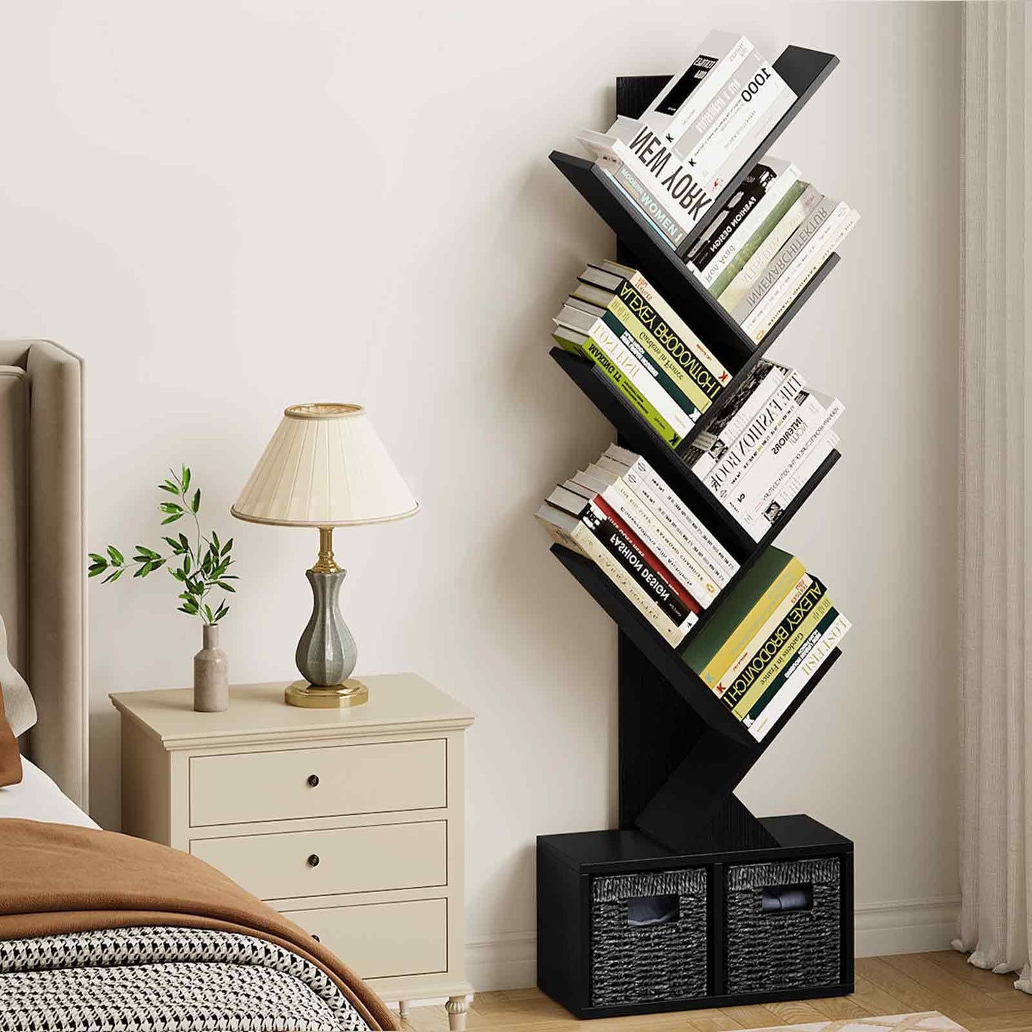 Vagusicc 6 Tier Tree Bookshelf with 2 Storage Baskets, Tall Display Shelf Organizer for Books, Magazines, Home Decor
