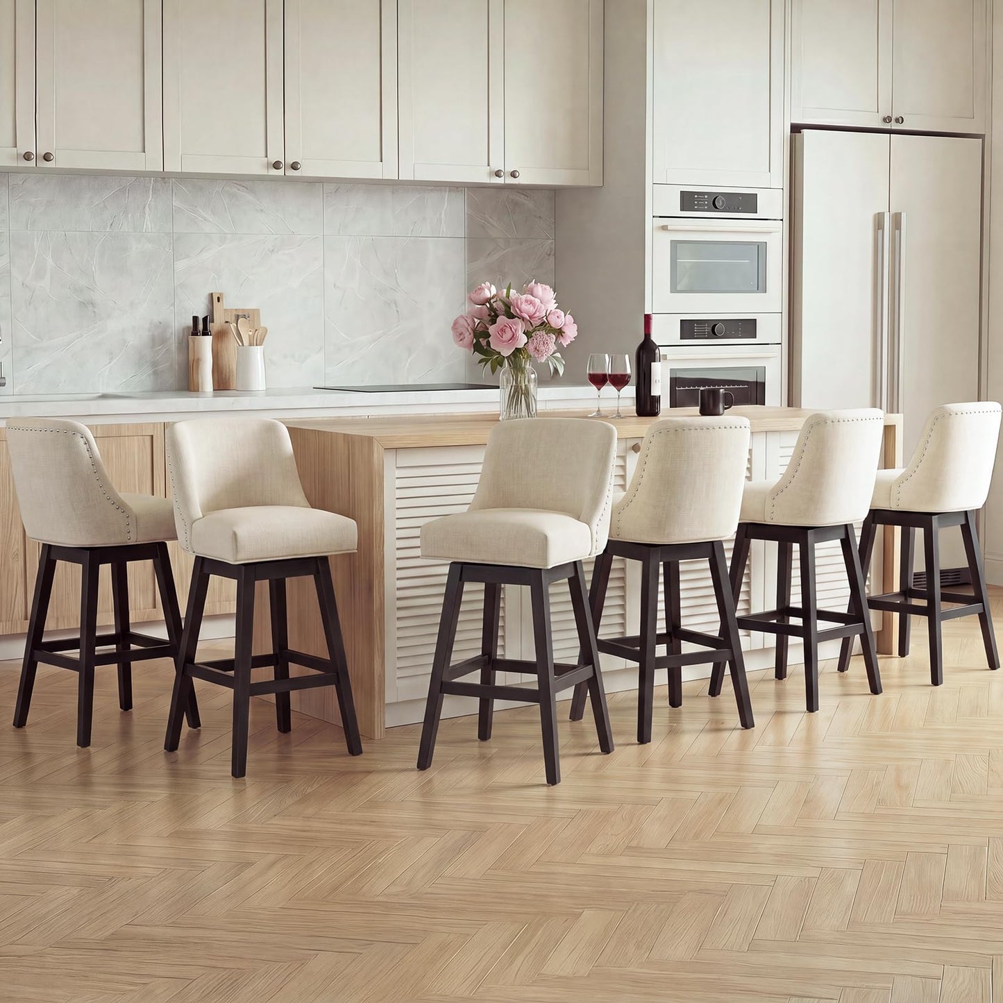 Bar Stools Set of 6, 360° Swivel Upholstered Counter Stools with Back, Wooden Frame Kitchen Bar Chairs with Nailhead Trim