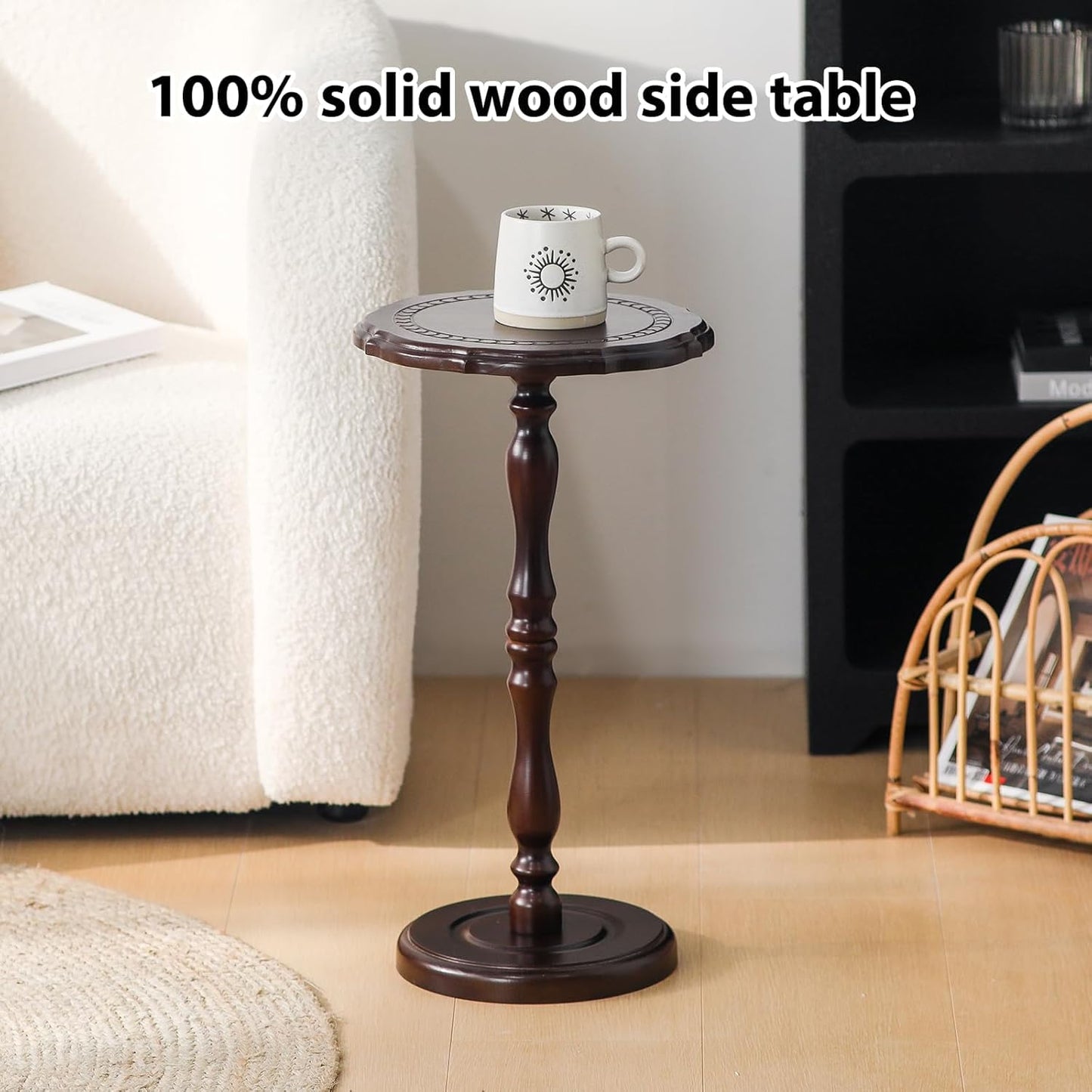 HuiDao 100% Solid Wood Round Side Table, Small Drink Table for Small Spaces, Modern End Table Accent Nightstand for Bedroom, Living Room