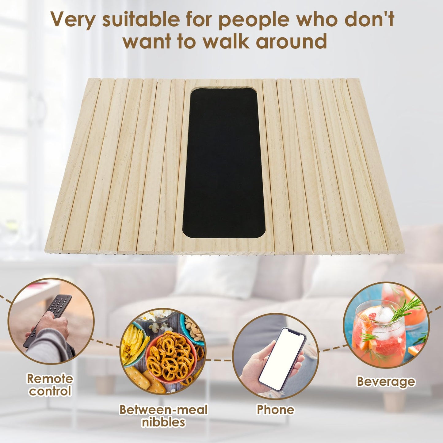 Foldable Sofa Arm Tray - Natural Pine Wood Couch Armrest Table with Non-Slip Fabric Backing Flexible Sofa Armrest Organiser Tray for Drinks, Snacks