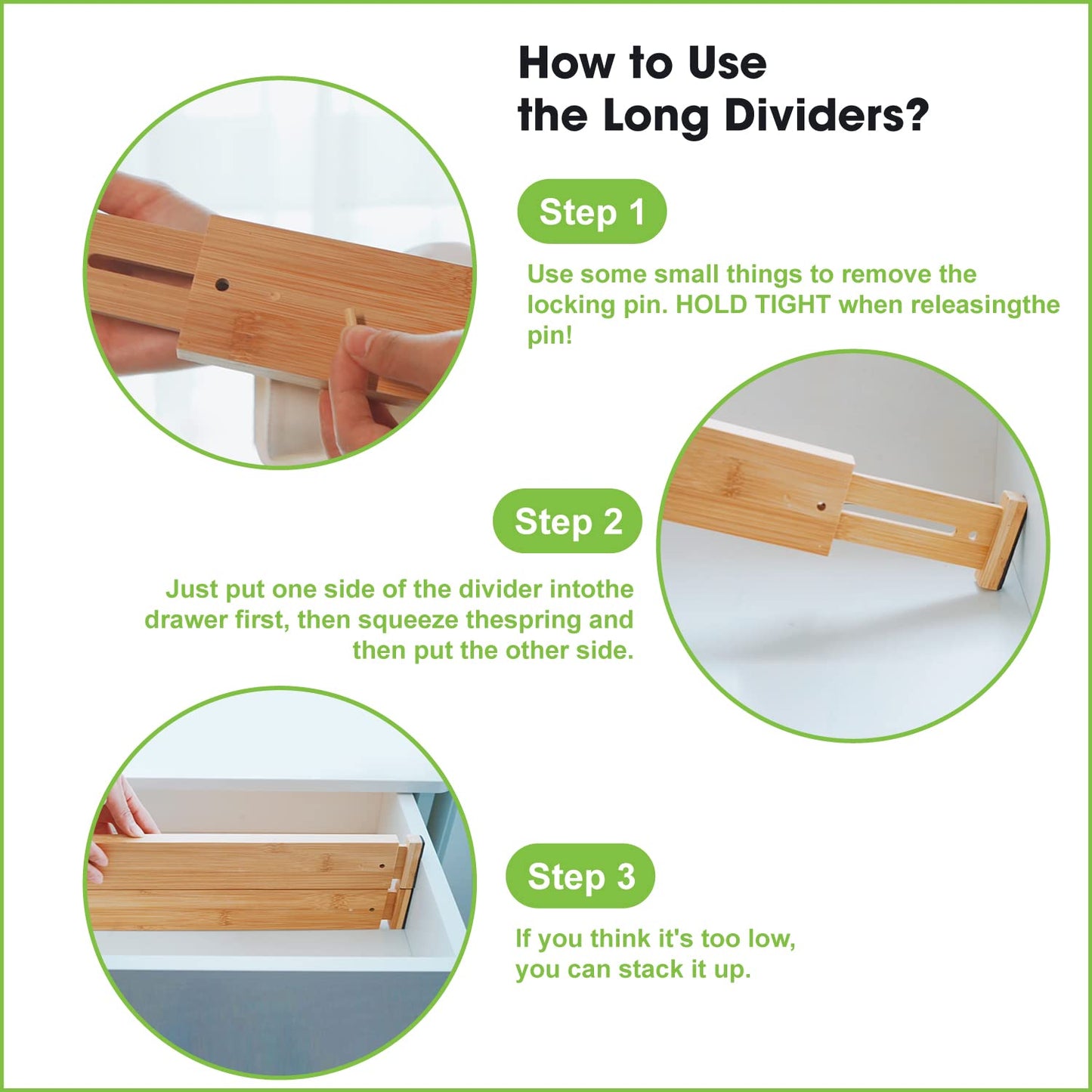 ANTOWIN 10Pcs Bamboo Drawer Dividers, Expandable Drawer Separators Splitter, 43-56 CM Long Adjustable Spring Loaded Organizer for Large Utensil