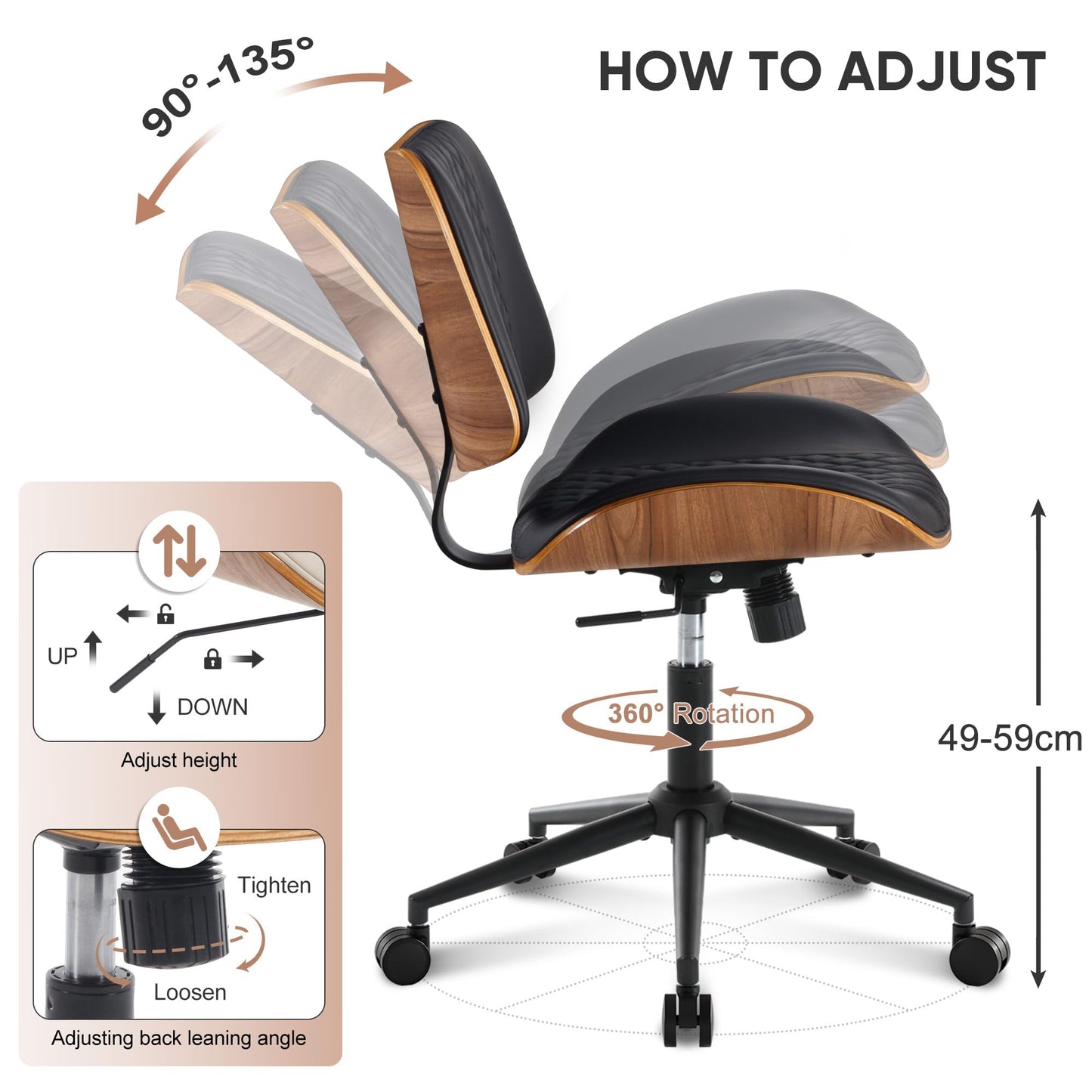 BERYTH Armless Desk Chair with Wheels Boucle Home Office Chair 360° Swivel Adjustable Height PU Leather Max. 136kg Mid Back Modern Bentwood Walnut
