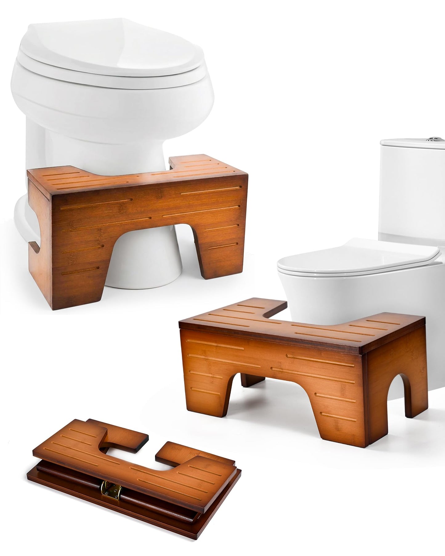 StrongTek Foldable Bamboo Toilet Stool Adjustable Height Reddish Brown