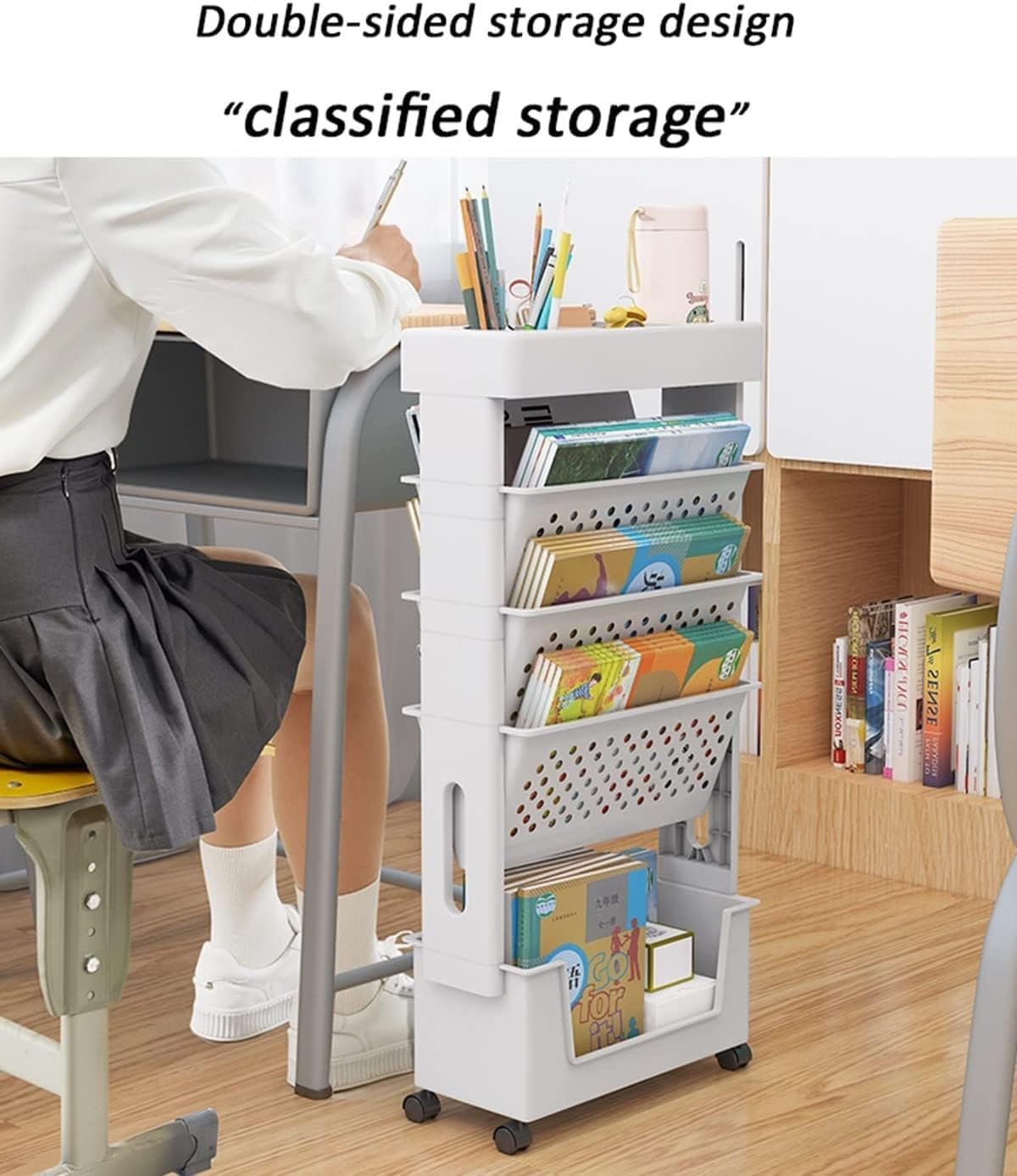 CIFFRA Mobile Bookshelf with Wheel, Large Capacity Magazine Rack Book Cart Removable Storage Organizer Kids Bookshelf