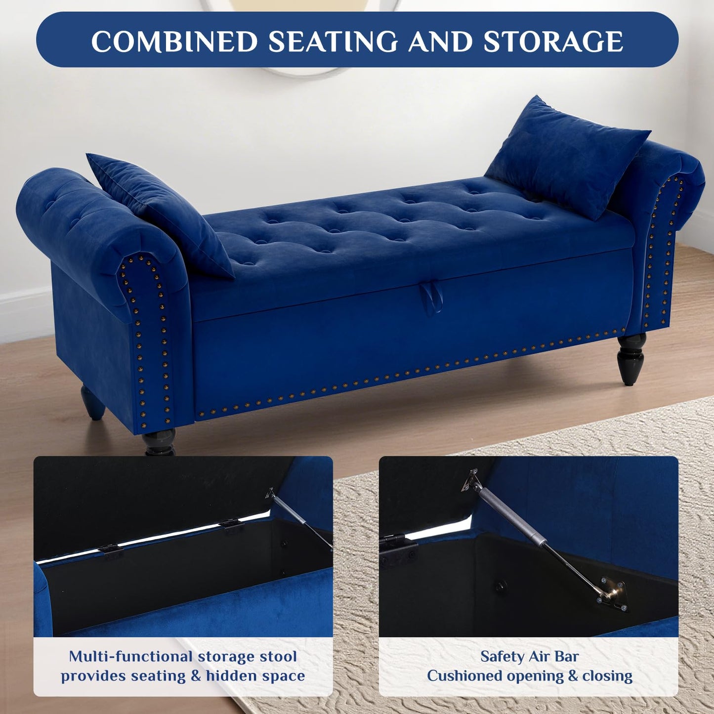 Clevich Ottoman Storage Bench, Velvet End of Bed Storage Box with Lid, Sturdy Wood Legs Footrest, 168KG Load Capacity