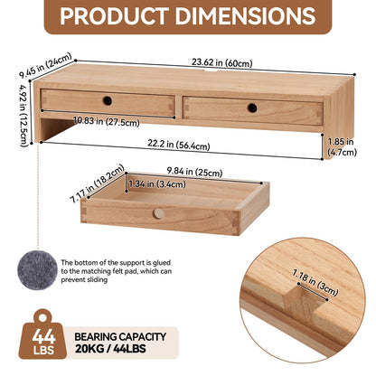 KIRIGEN Wood Monitor Stand with 2 Drawers Computer Arm Riser Desk Storage Organizer, TV Laptop Printer Stand,2-Tier Desktop Shelf Natural