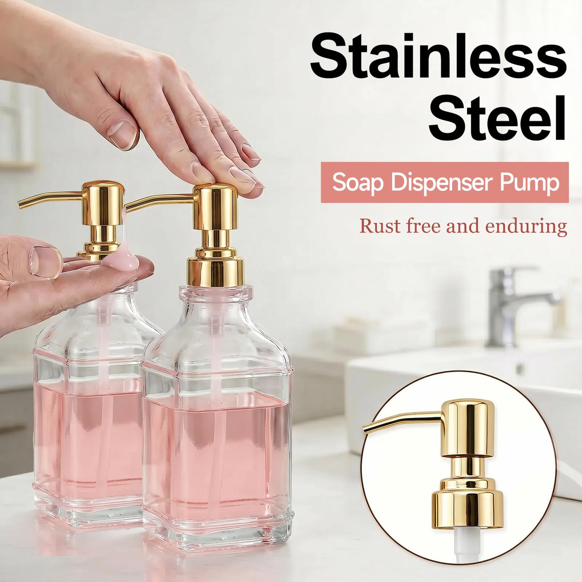 Pollock 2pcs Pump Dispenser Stainless Steel, Replacement for Standard Neck Size - 26-28 mm Thread Fits Most Hand Soap Dispenser Gold Brushed
