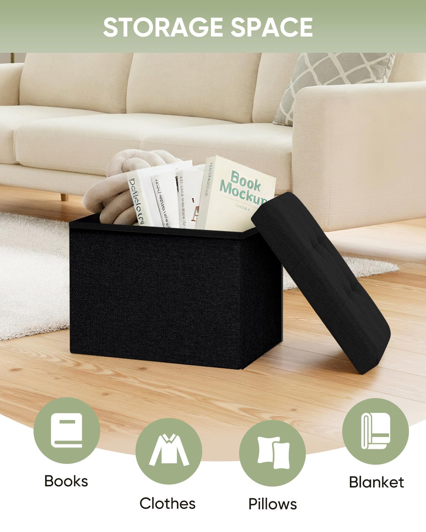 Bonlife Storage Ottoman, Folding Small Foot Rest,Toy Chest Storage Footrest Seat, Footstool for Living Room, Bedroom, Dorm, Fabric,Black,42x32x32cm