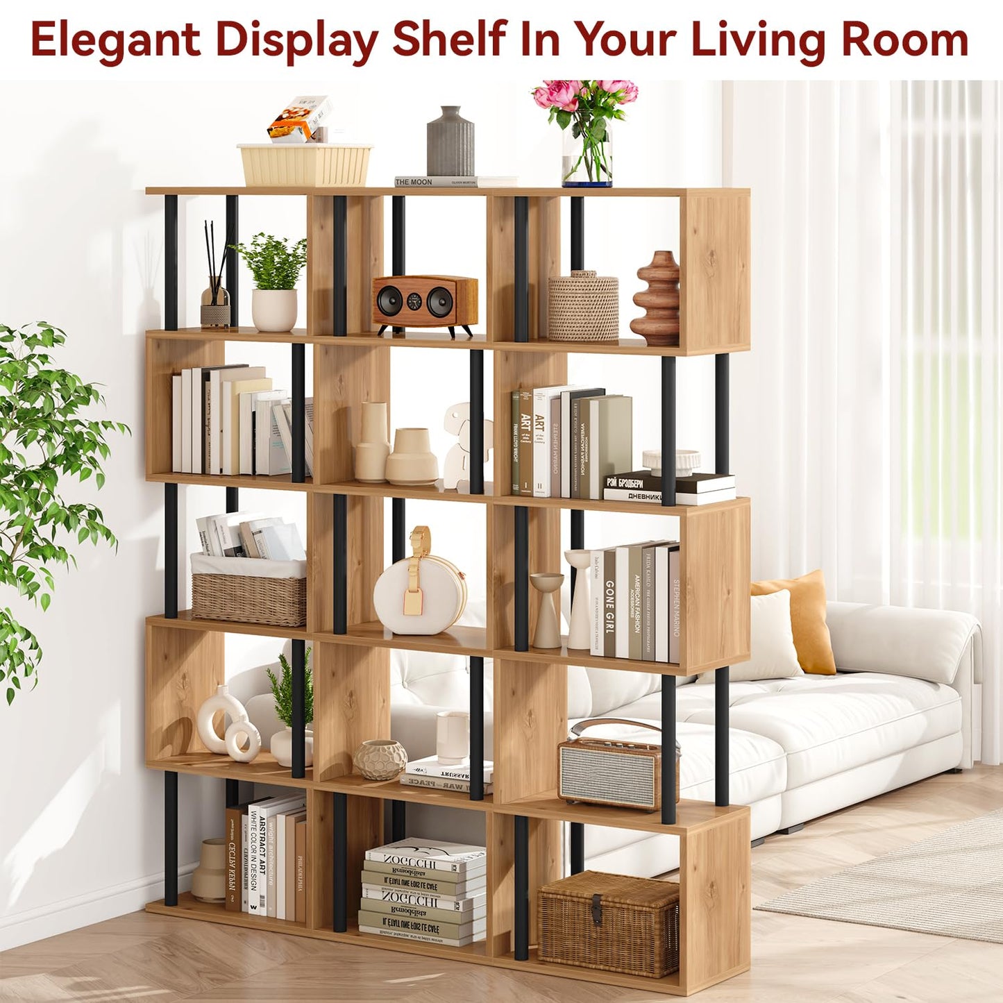 IBUYKE 6-Tier Tall Bookshelf,S-Shaped Geometric Bookcase,Oak WBC016K