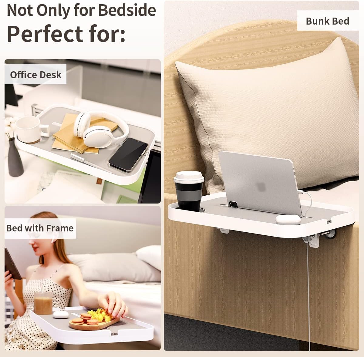 KIWIFOTOS Bedside Shelf for Bed, Clip-On Bedside Shelf Nightstand for Dorm Bunk Bed, Organizer Shelf with Cup Holder, iPad Slot, Mute Design- White