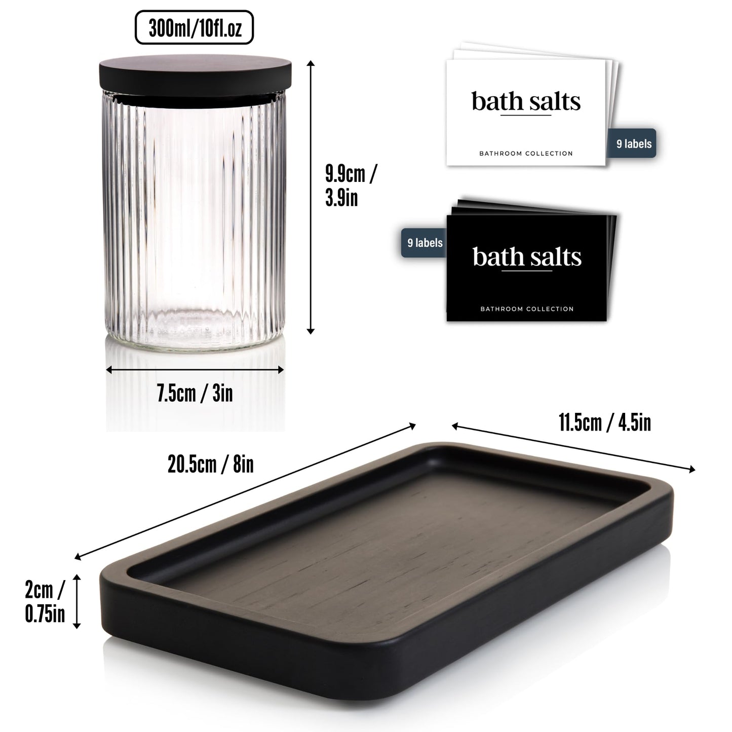 Mason & Fable Ribbed Glass Bathroom Jars with Airtight Black Bamboo Lids | Cotton Pad/Buds/Q tip Holder