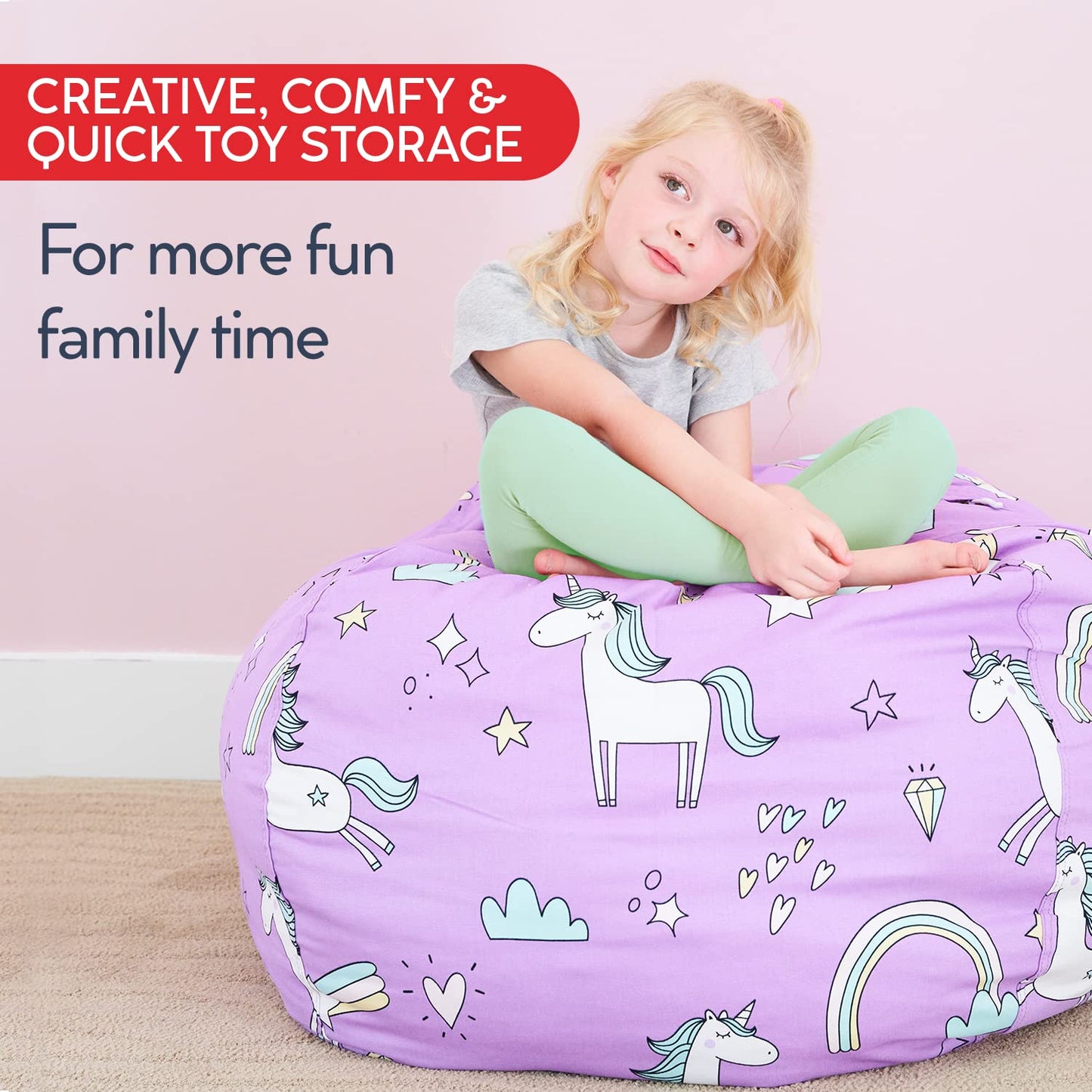 Creative QT Stuff ’n Sit Extra Large 38’’ Bean Bag Storage Cover for Stuffed Animals & Toys – Gray Dandelion Print – Toddler & Kids’ Rooms Organizer