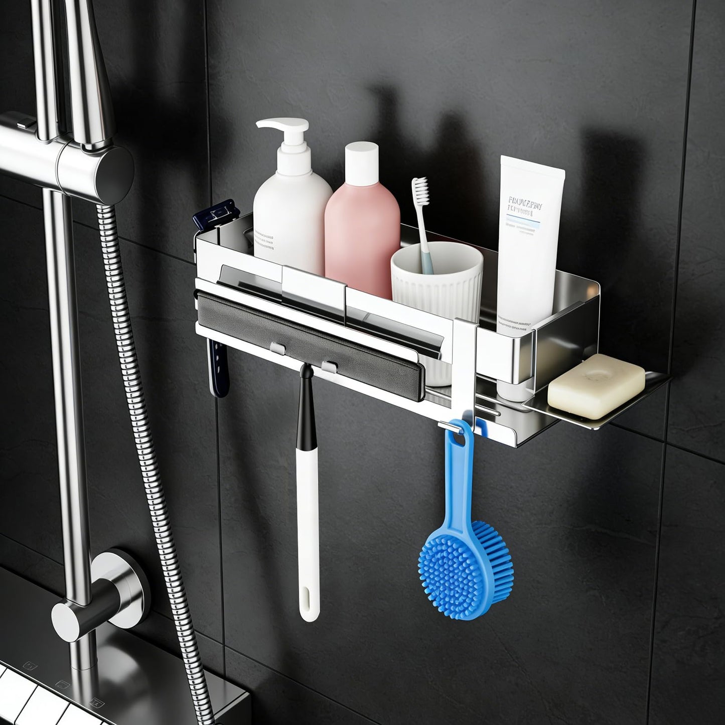 EXLECO 5 in 1 Shower Shelf without Drill for Bathroom Adhesive Bathroom Shelf Stainless Steel Bathroom Shelf Shelves Basket for Shower Shelf Bathroom