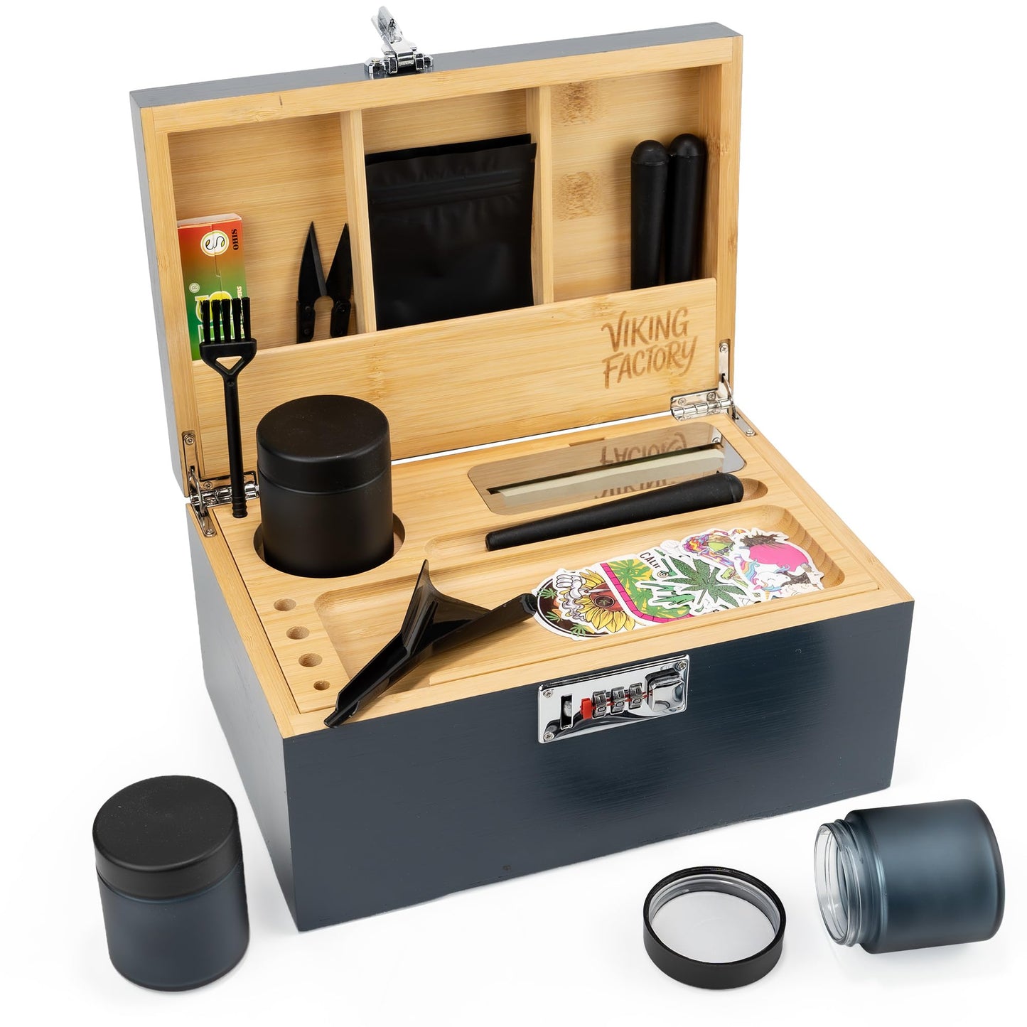Viking Factory Large Lockable Bamboo Storage Box with Removable Tray and Combination Lock, 19-Piece Wooden Organizer Set with Jars