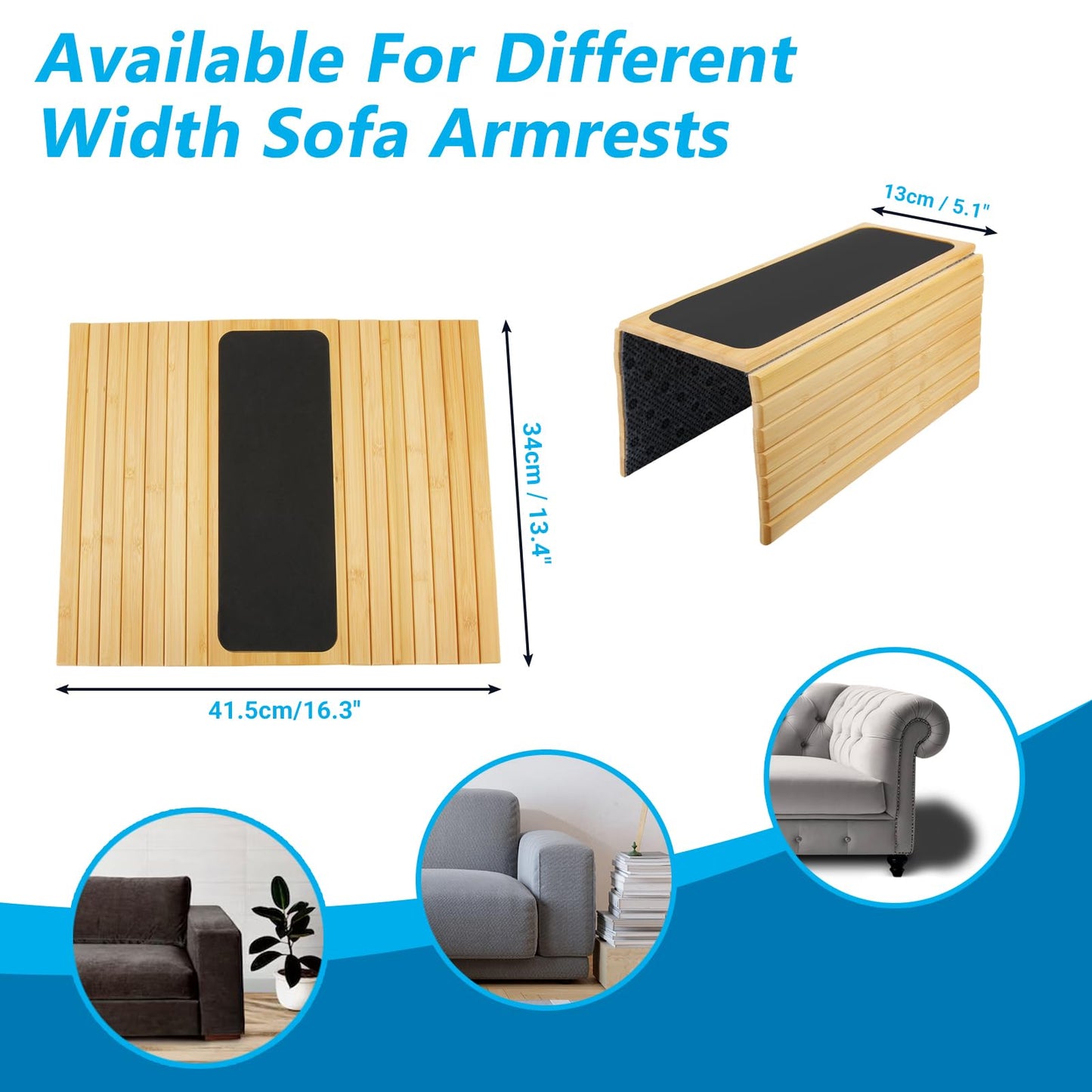 Bamboo Sofa Arm Tray Table - Anti-Slip Foldable Couch Sofa Armrest Tray, Removable Large Couch Cup Holder for Drinks Cup Cellphone Remote Snacks