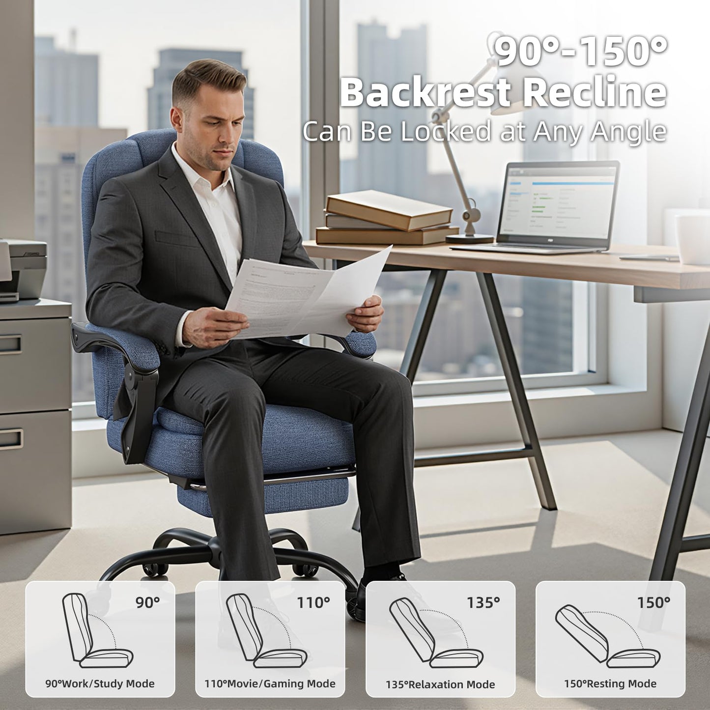 SITMOD Fabric Desk Chair with Footrest, Blue Ergonomic Office Chair for Study, Computer Chair with Pocket Spring Cushion