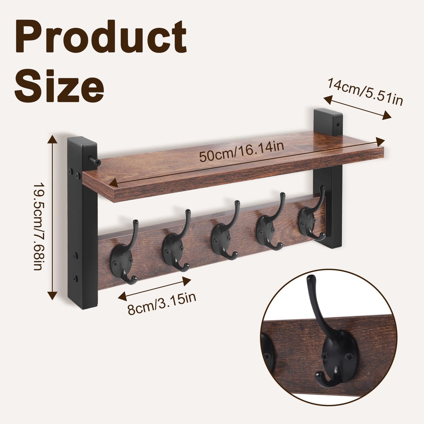 Coat Rack Wall Mounted - Coat Hooks Wall Mounted with 5 Coat Hooks Removable Floating Shelf for Kitchen, Bedroom, Bathroom, Rustic Brown