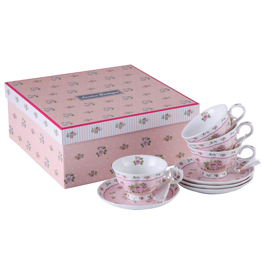 London Boutique Tea cup and Saucer set 4 Afternoon Tea Set Shabby Chic Vintage New Bone China Porcelain Rose Flora Gift (Rose Pink)