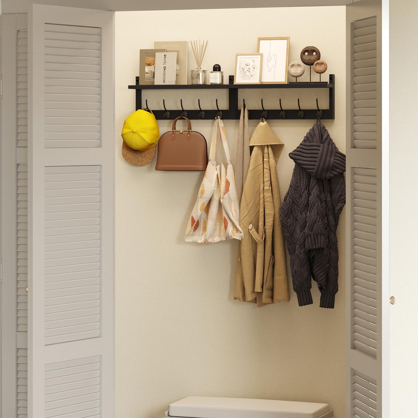 AMBIRD 87cm Extra Wooden Wall Coat Rack with Shelf - Elegant and Functional Wall-Mounted Storage Solution with 10 Hooks for Coats, Hats, Keys