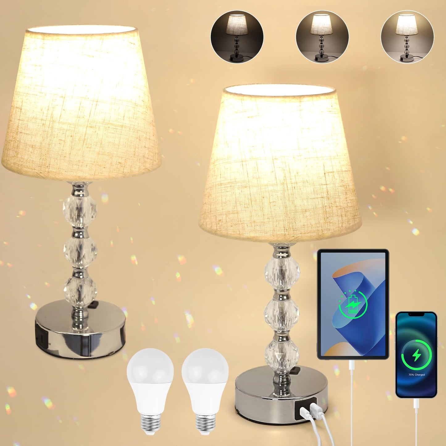 Euxper Touch Bedside Table Lamp, Crystal Table Lamps with USB C+A Charging Ports, 3 Way Dimmable, Set of 2 with White Fabric Shade for Bedroom (2 LED