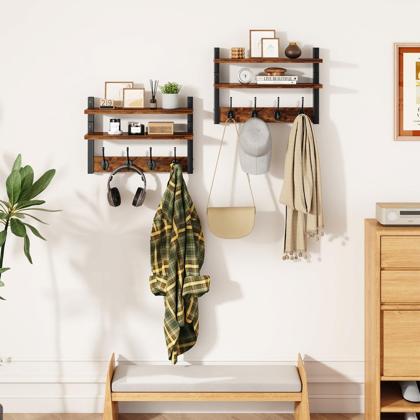 YMYNY 2-Tier Coat Hooks Wall Mounted with Shelf, Rustic Brown HWS009H-2