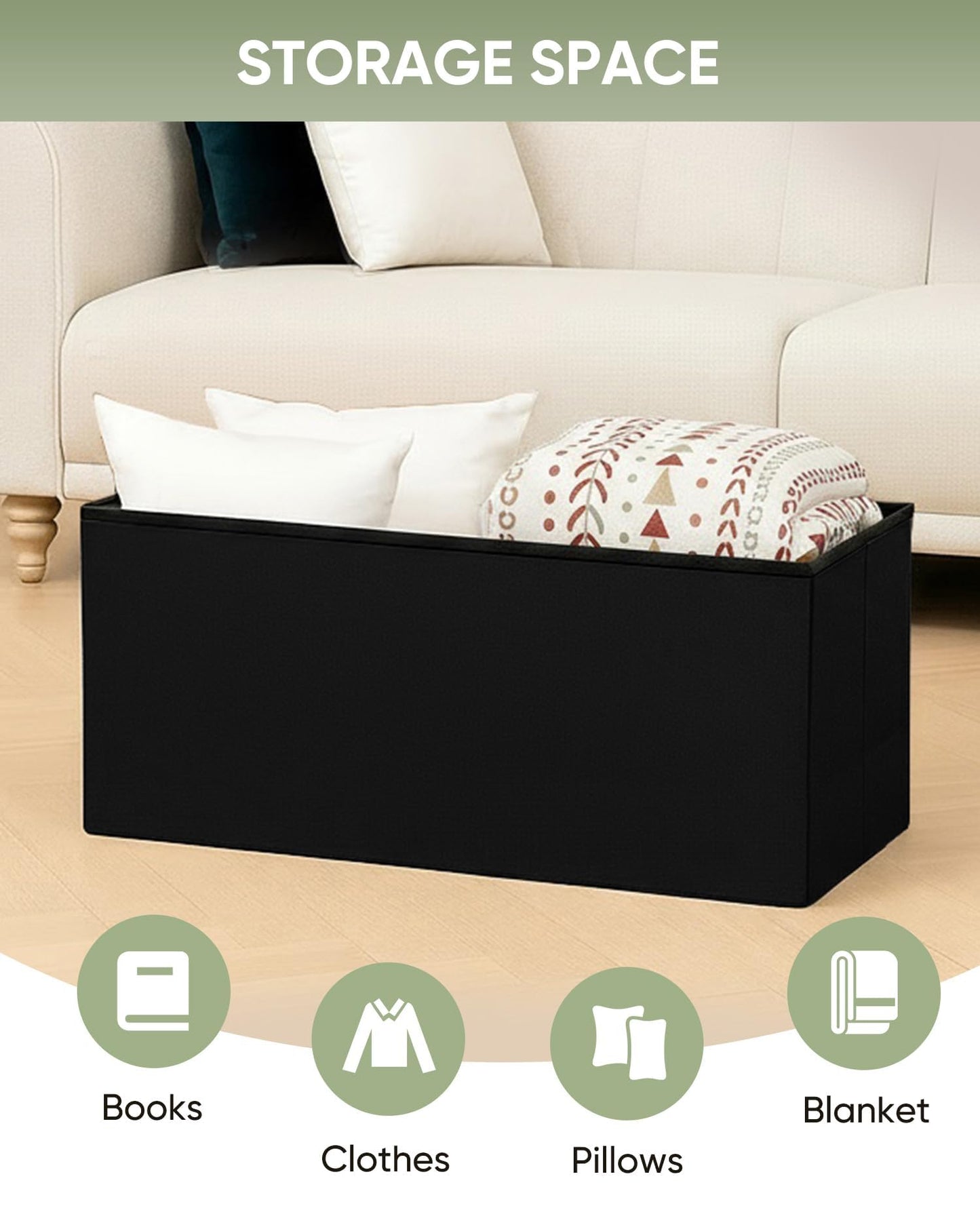 Bonlife Velvet Ottoman with Storage,Large Storage Boxes with Lids,Folding Ottoman Bench Seat,Footstool for Living Room,76x38x38cm,Black