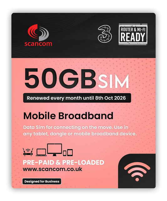 Three 50GB Data SIM - Uncapped 5G - Preloaded MONTHLY Until October 2026 - Plug & Play for Routers & Phones - Access to Three & Vodafone - Connects to