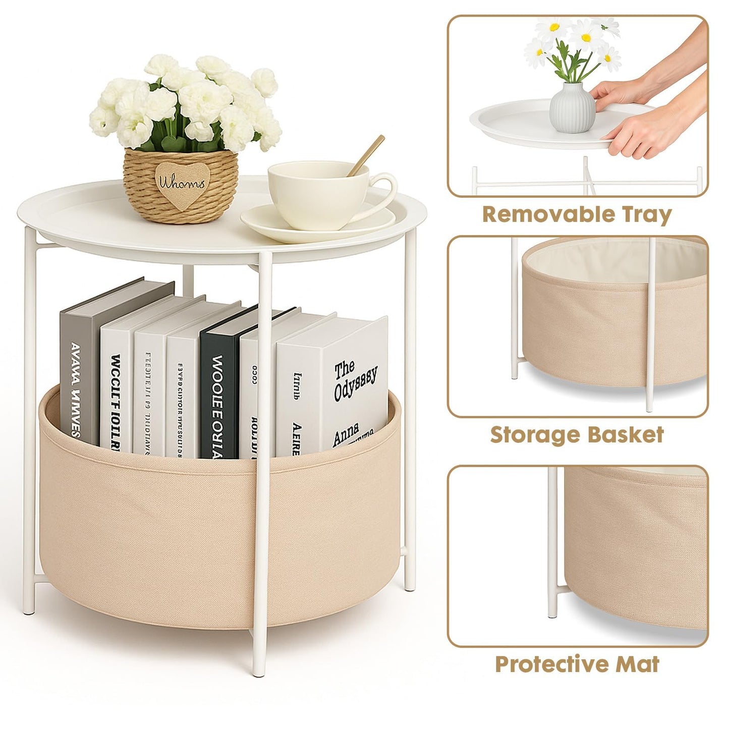 Rinkgarden Round Side Table with Fabric Basket, Modern and Sturdy, Metal End Table for Living Room, Bedroom, Bedside Table, Nursery