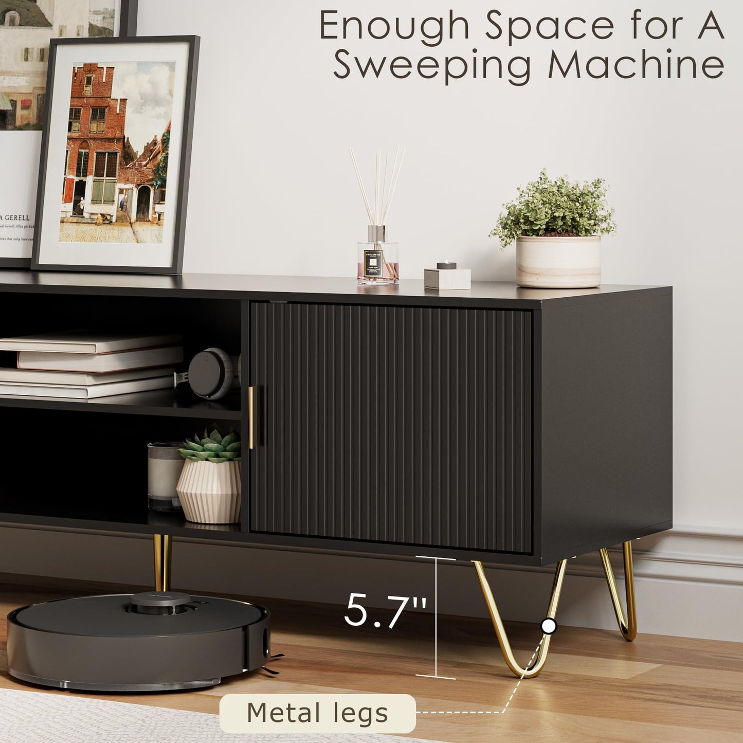 HEYZOEY Wood TV Stand for up to 65 Inch TV, 137cm TV Unit with 2 Cabinets and Open Shelves