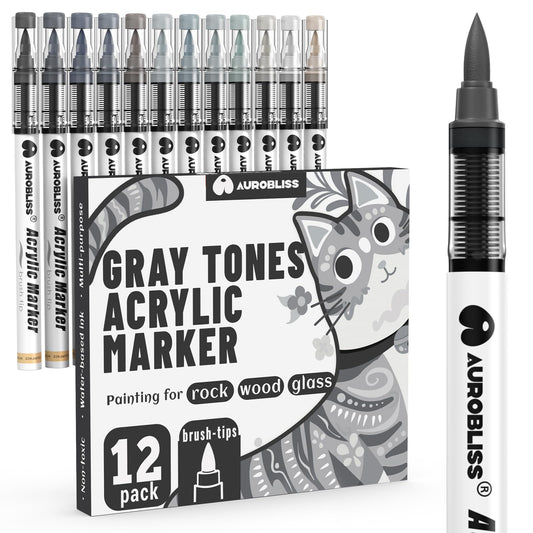 Aurobliss Dark & Light Grey Marker Pen Permanent, 12pcs Gray Tones Acrylic Paint Pens for Rock Painting, Glass, Wood, Metal, Canvas Deco Acrylic Pen
