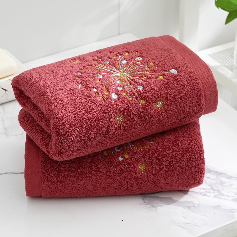 sense gnosis Celebratory Red Hand Towel Set of 2 Soft 100% Cotton Thick Absorbent Fireworks Embroidered Design Luxury Hand Towels for Bathroom Hotel