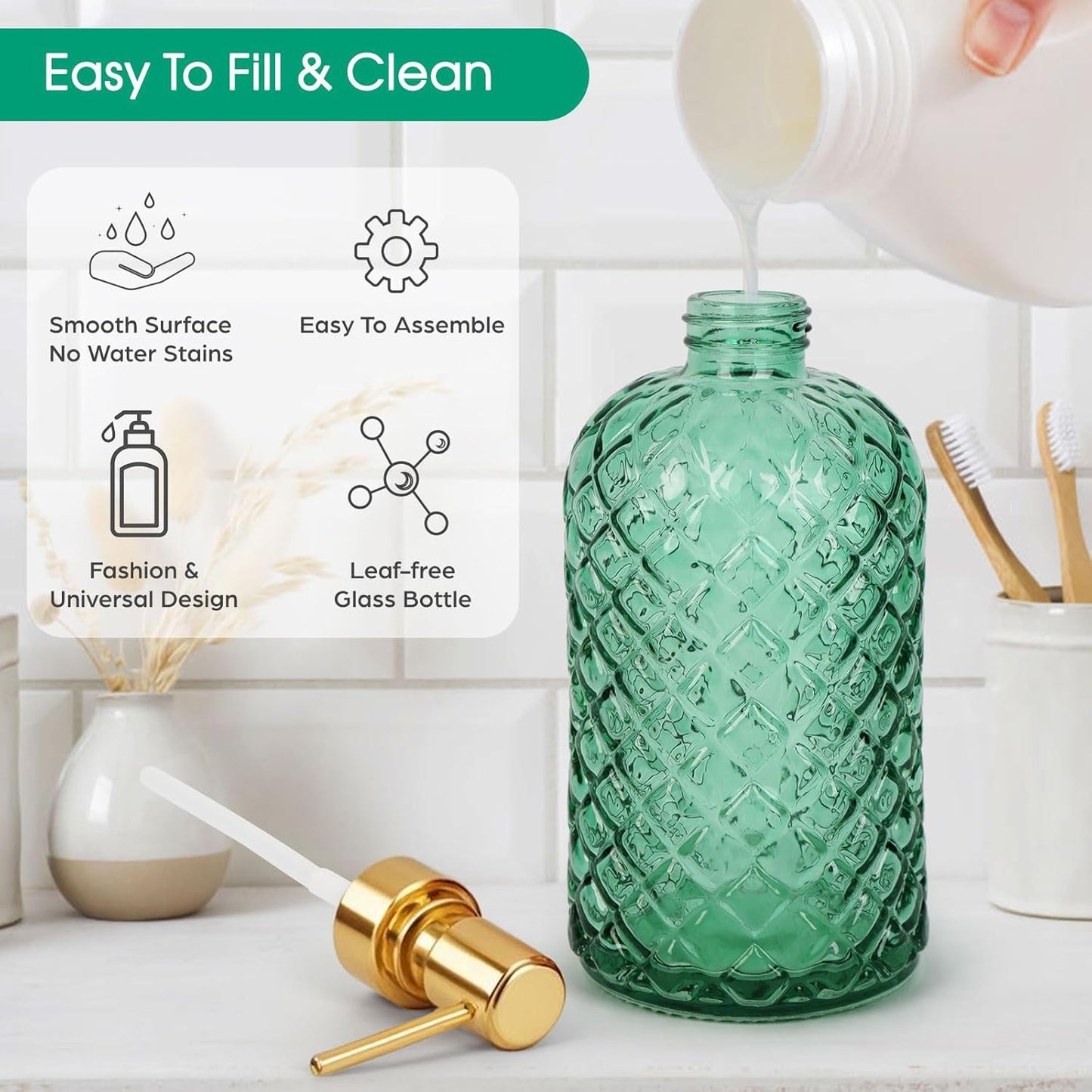 Bingobang Glass Soap Dispenser with Hand Gold Pump 470ml, Green