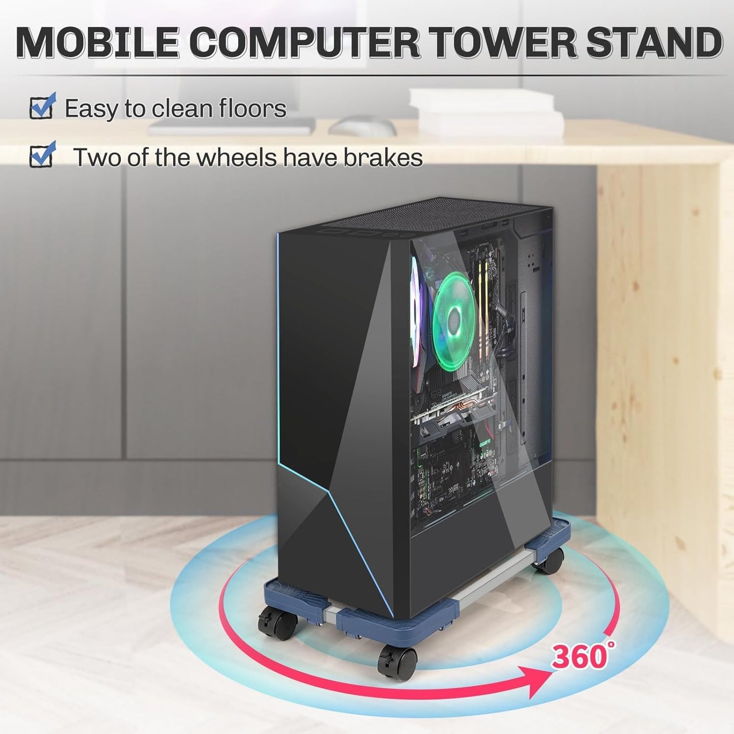 Hmseng Pc Tower Stand, Adjustable Mobile CPU Stand with 4 Rolling Caster Wheels, Fits Most PC Under Desk-Blue