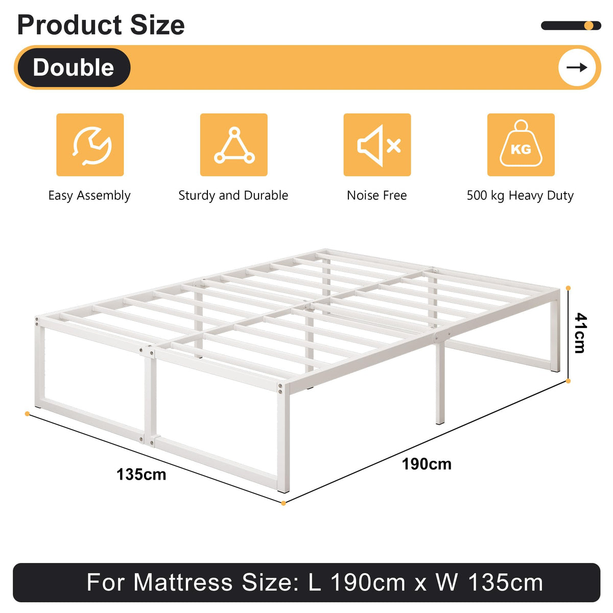 Yicensen Double Bed Frame 135x190 cm Metal Platform Bed Double, Noise Free