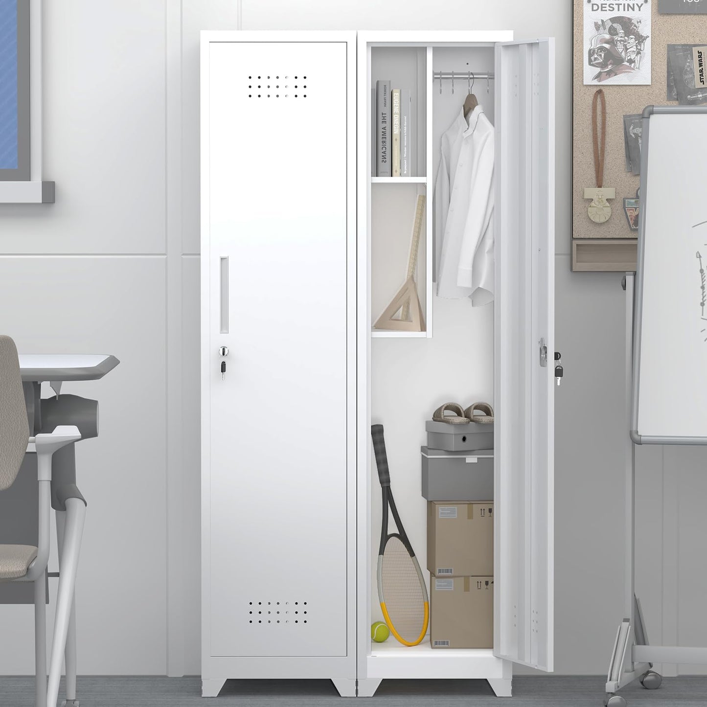 GREATMEET Broom Closet Storage Cabinet, Metal Utility Cabinet, Tall Laundry Room Cabinet, Slim Storage Cabinets for Laundry, Living Room, Office