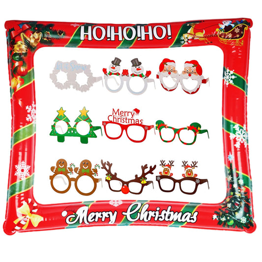 Christmas Party Photo Booth Props Frame, Xmas Photo Booth Frame with 9Pcs Photo Booth Props, Inflatable Selfie Photo Frame for Christmas Decor,
