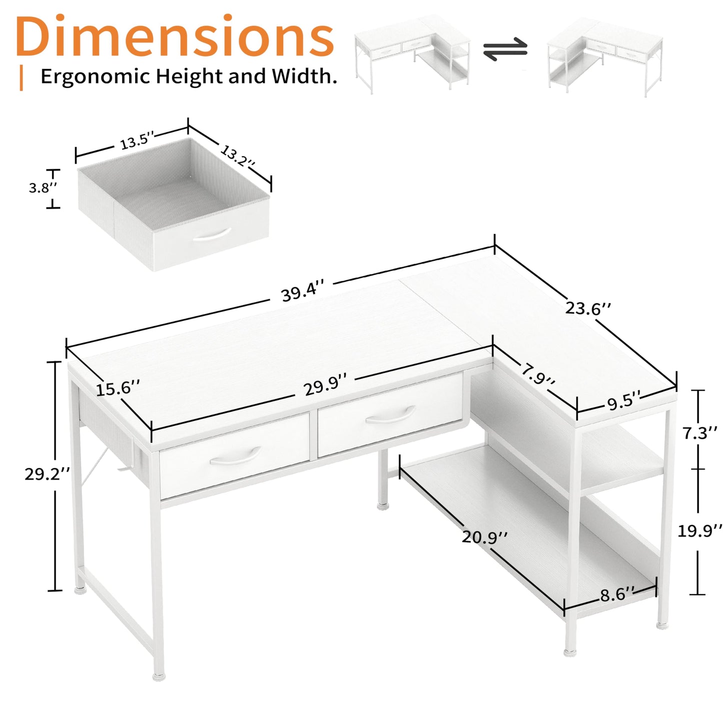 CAIYUN L Shaped Computer Desk with 2 Drawers, 100CM Office Corner Desk with 2 Storage Shelves, Working Table Study Table for Home Office Desk, White